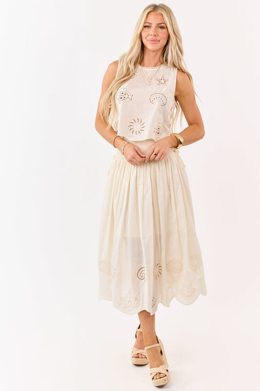 Cream Cotton Nautical Embroidered Hem Midi Skirt