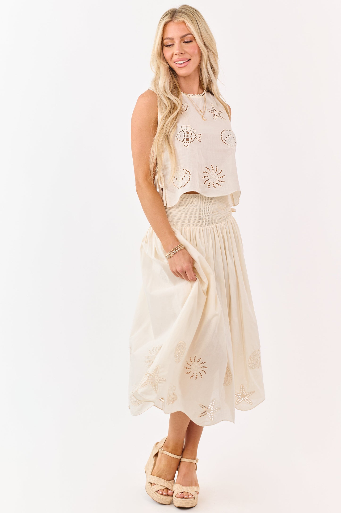 Cream Cotton Nautical Embroidered Hem Midi Skirt