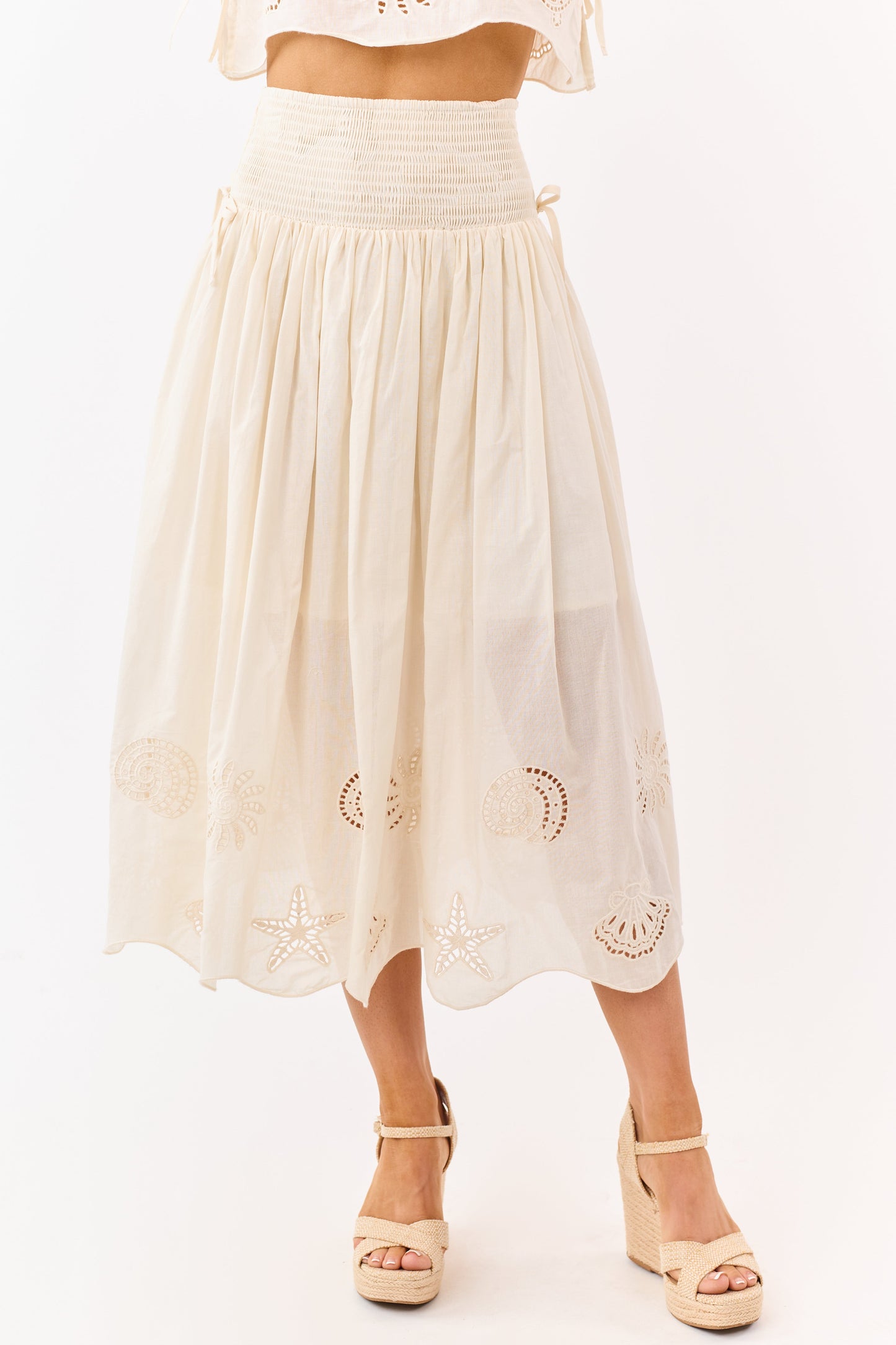 Cream Cotton Nautical Embroidered Hem Midi Skirt