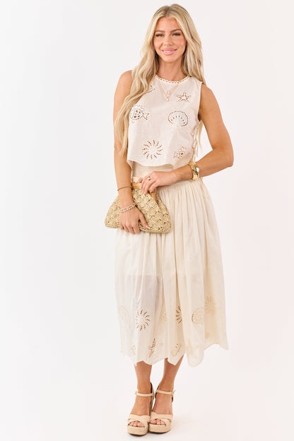 Cream Cotton Nautical Embroidered Hem Midi Skirt