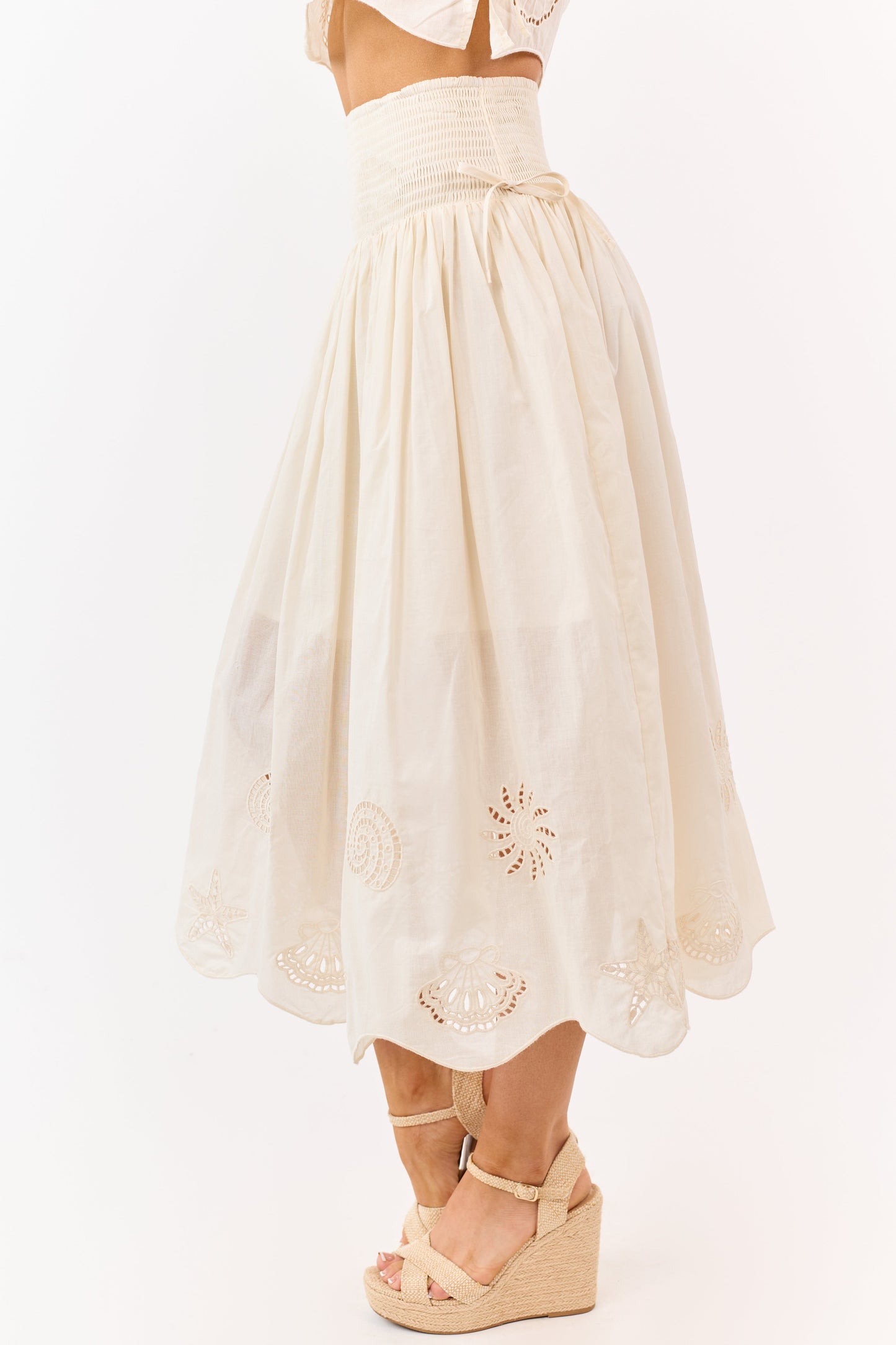 Cream Cotton Nautical Embroidered Hem Midi Skirt