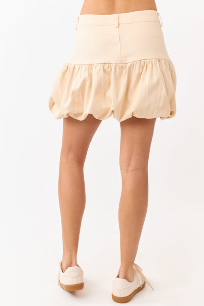 Cream Denim Elastic Bubble Hem Mini Skirt
