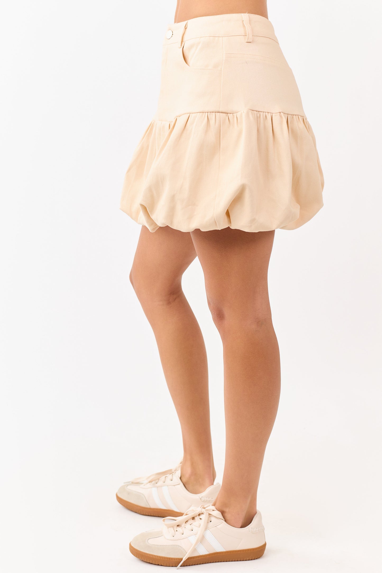 Cream Denim Elastic Bubble Hem Mini Skirt