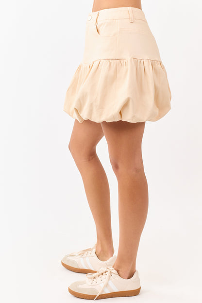 Cream Denim Elastic Bubble Hem Mini Skirt