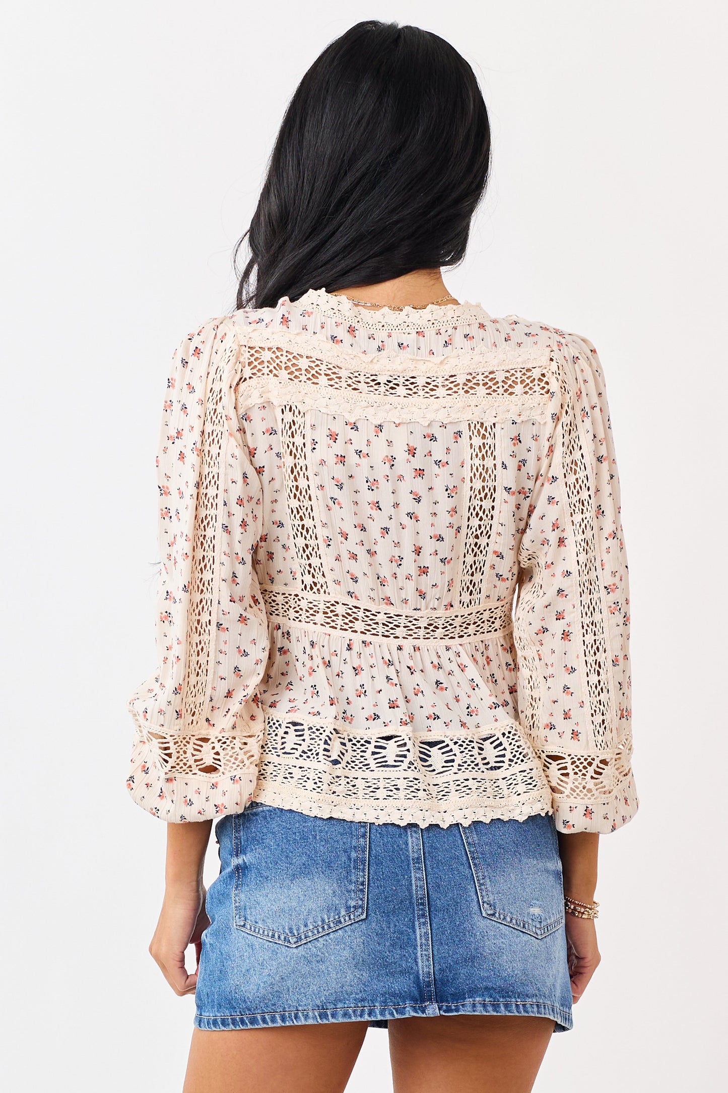 Cream Ditsy Floral Print Front Tie Lace Trim Top