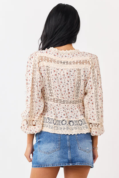 Cream Ditsy Floral Print Front Tie Lace Trim Top