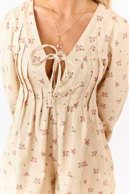 Cream Floral Denim Pintuck Long Sleeve Romper