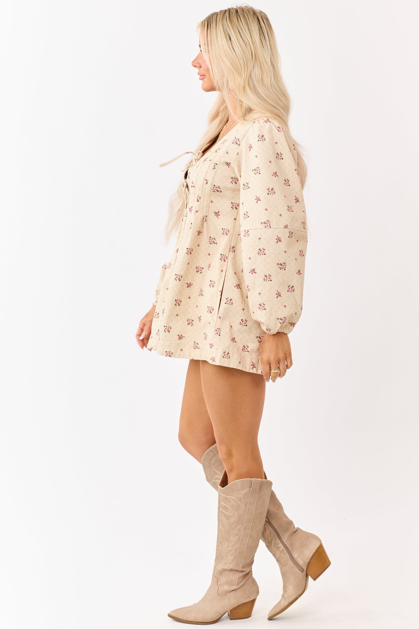 Cream Floral Denim Pintuck Long Sleeve Romper