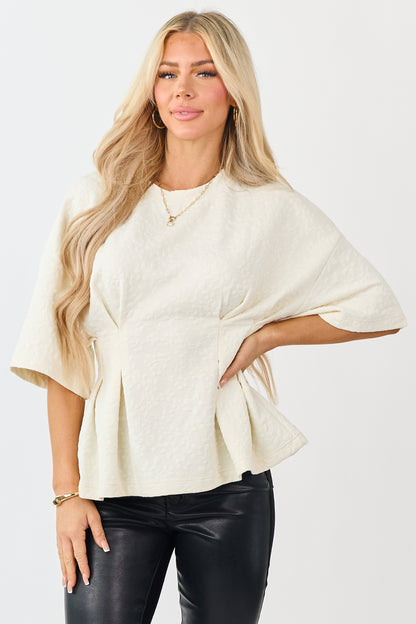 Cream Floral Jacquard Peplum Short Sleeve Top