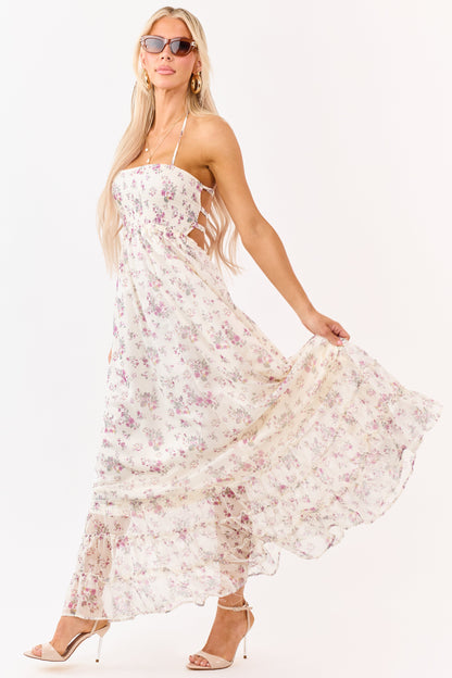 Cream Floral Print Backless Halter Neck Maxi Dress