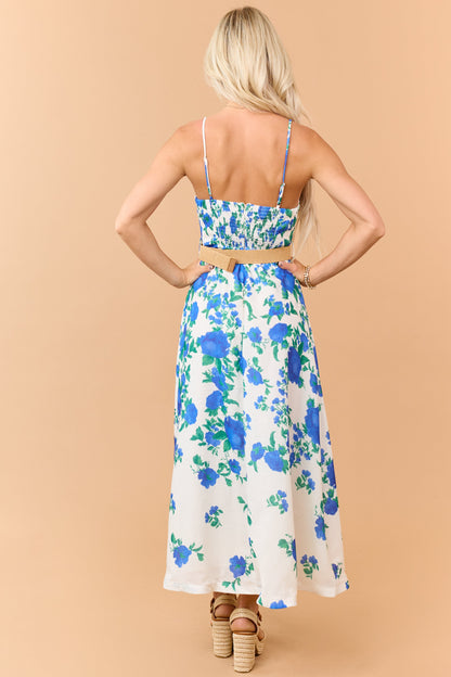 Cream Floral Print Sleeveless Belt Maxi Dress