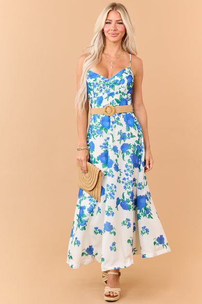 Cream Floral Print Sleeveless Belt Maxi Dress