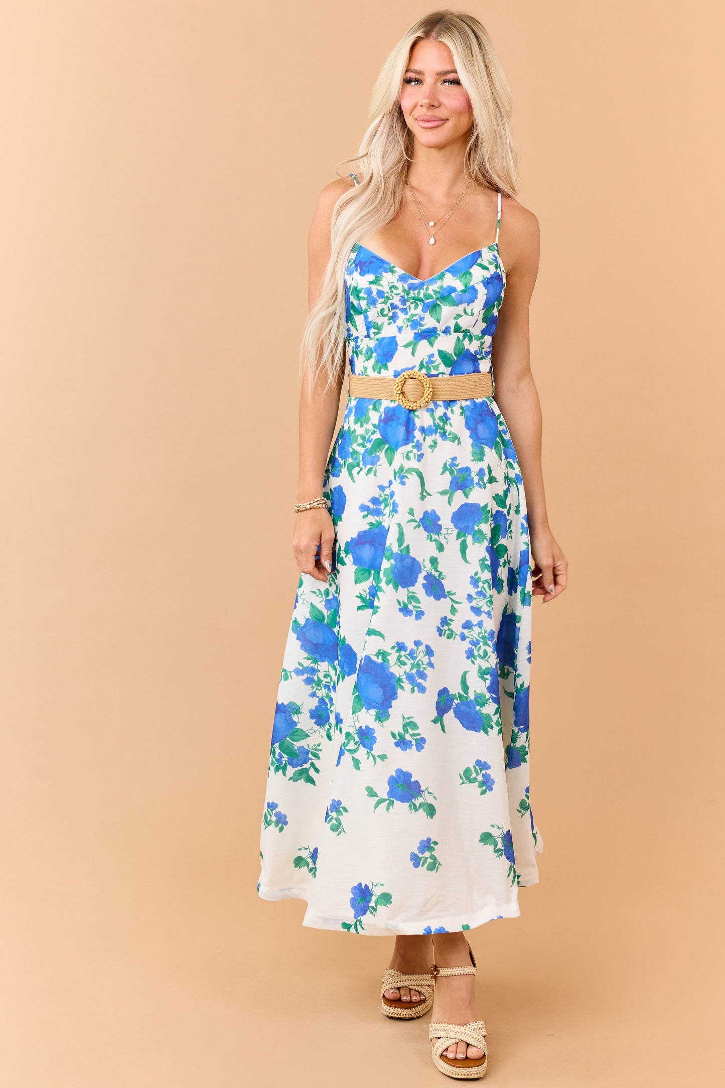 Cream Floral Print Sleeveless Belt Maxi Dress