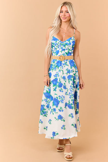 Cream Floral Print Sleeveless Belt Maxi Dress