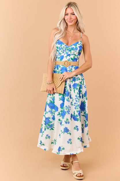 Cream Floral Print Sleeveless Belt Maxi Dress