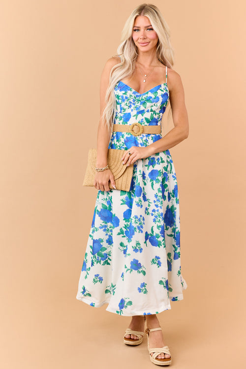Cream Floral Print Sleeveless Belt Maxi Dress
