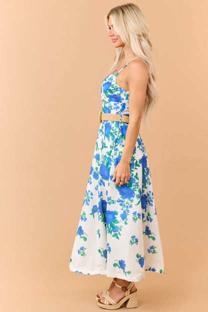 Cream Floral Print Sleeveless Belt Maxi Dress