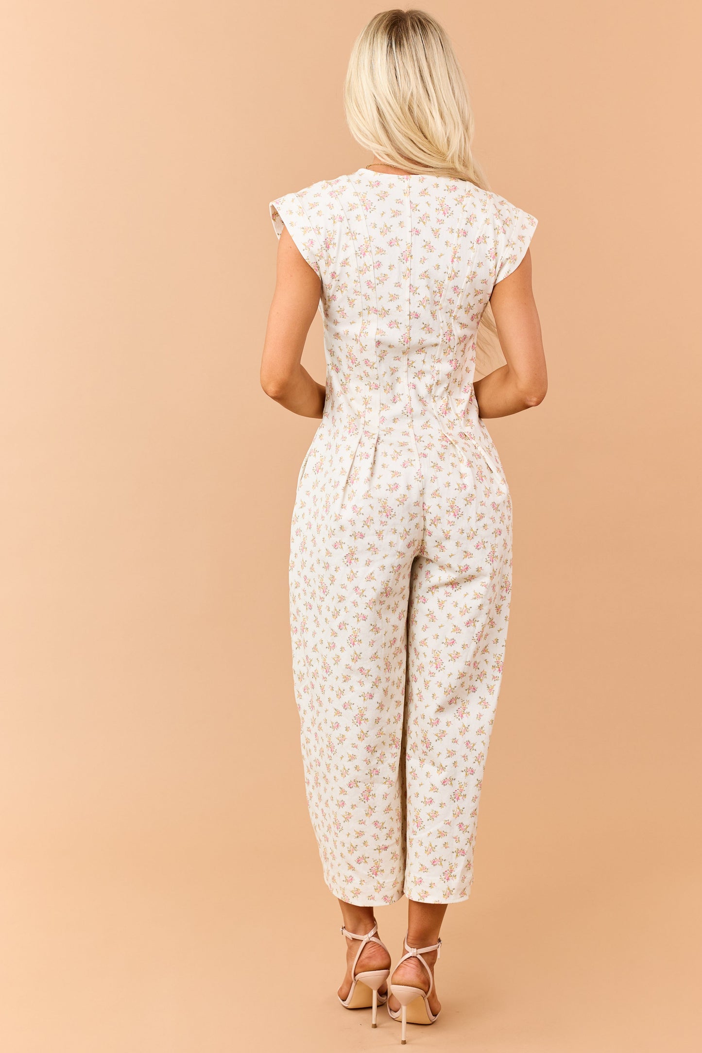 Cream Floral Print Twill Denim Button Down Jumpsuit