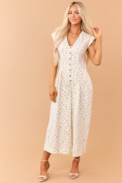 Cream Floral Print Twill Denim Button Down Jumpsuit