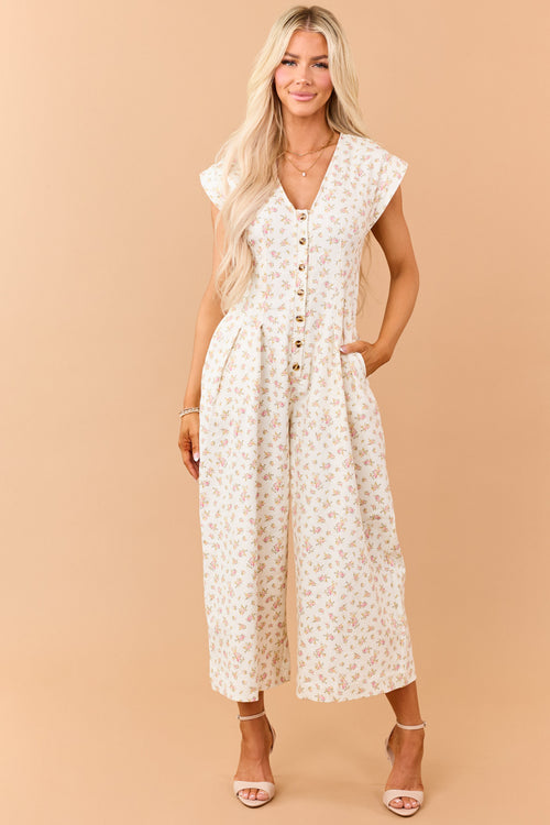 Cream Floral Print Twill Denim Button Down Jumpsuit