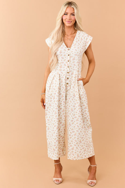 Cream Floral Print Twill Denim Button Down Jumpsuit
