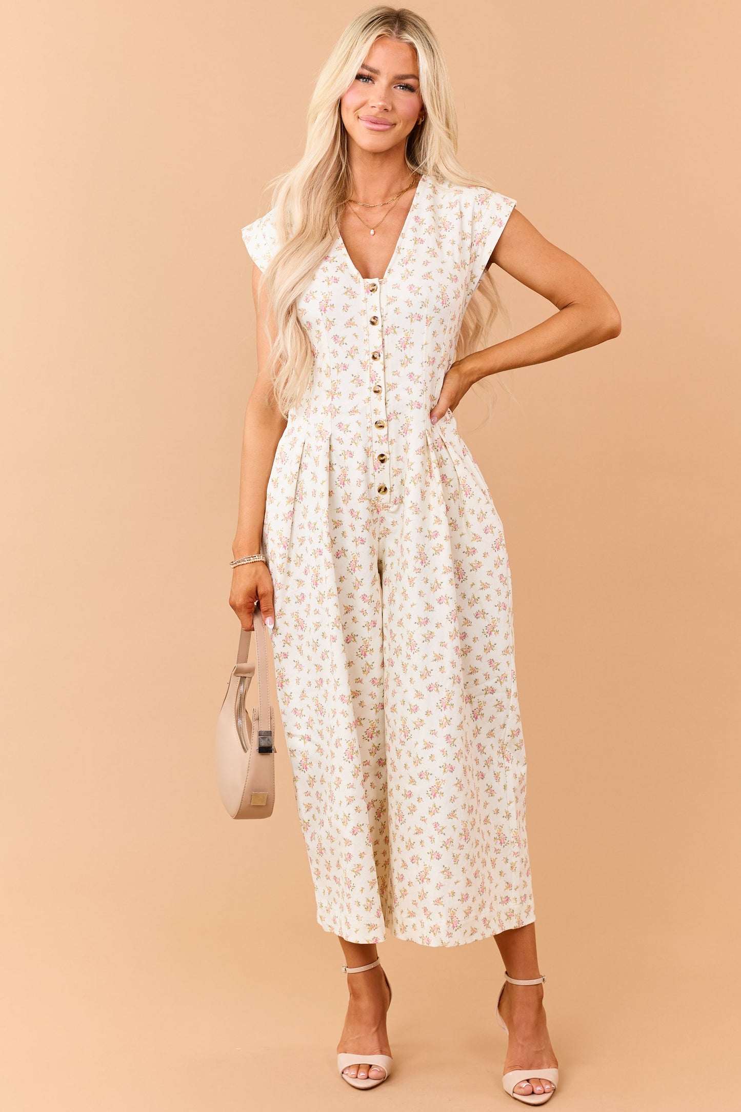 Cream Floral Print Twill Denim Button Down Jumpsuit