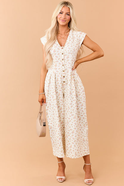 Cream Floral Print Twill Denim Button Down Jumpsuit