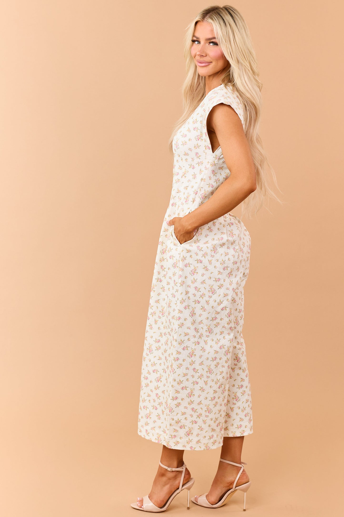 Cream Floral Print Twill Denim Button Down Jumpsuit