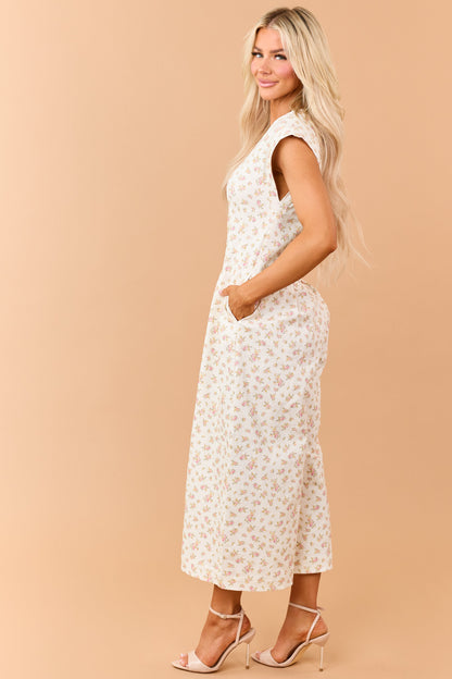 Cream Floral Print Twill Denim Button Down Jumpsuit