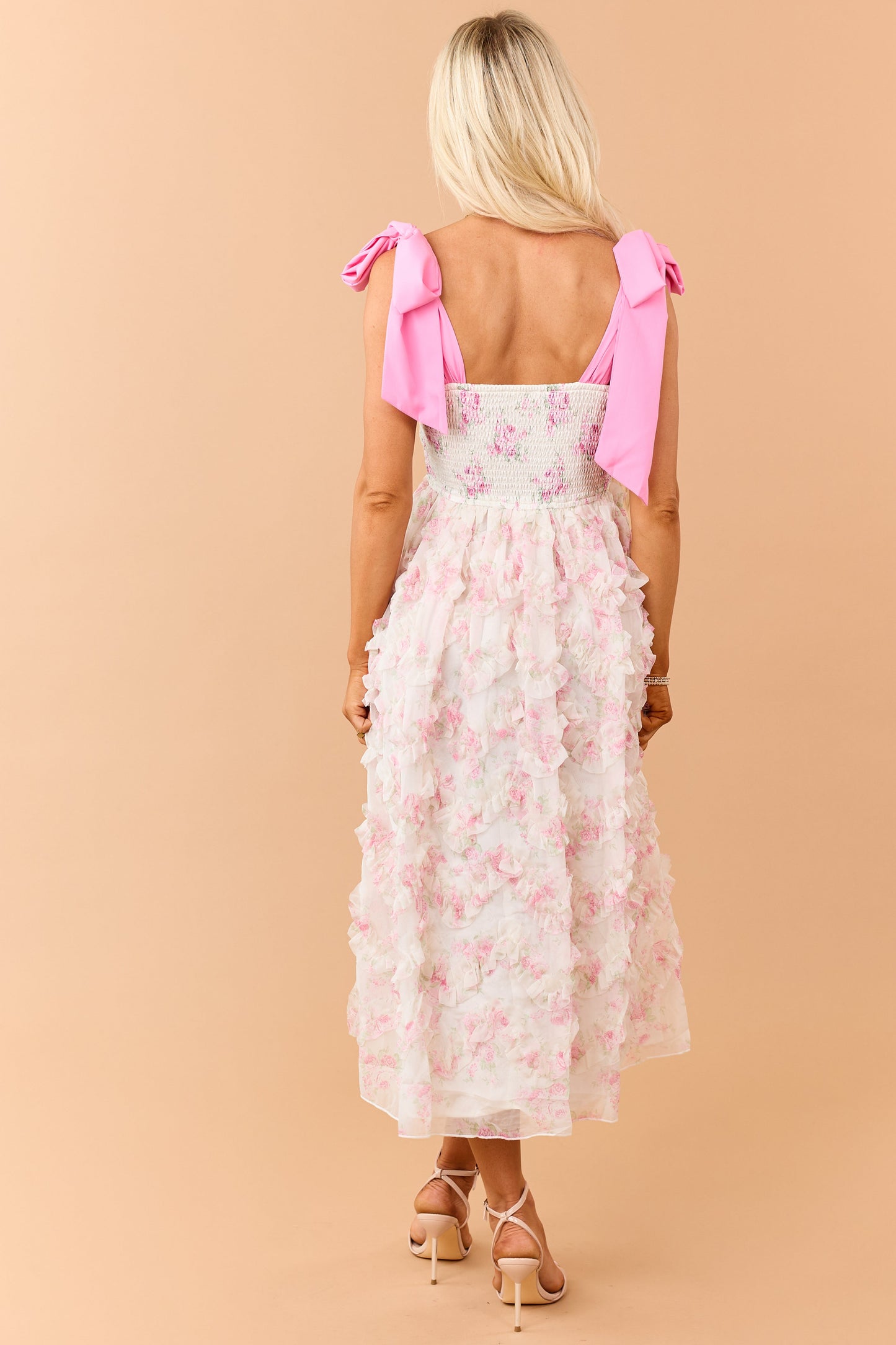 Cream Floral Smocked Bodice Ruffle Skirt Midi Dress