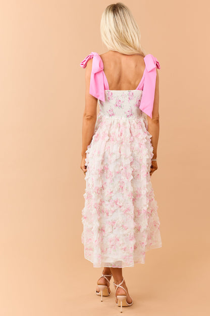 Cream Floral Smocked Bodice Ruffle Skirt Midi Dress