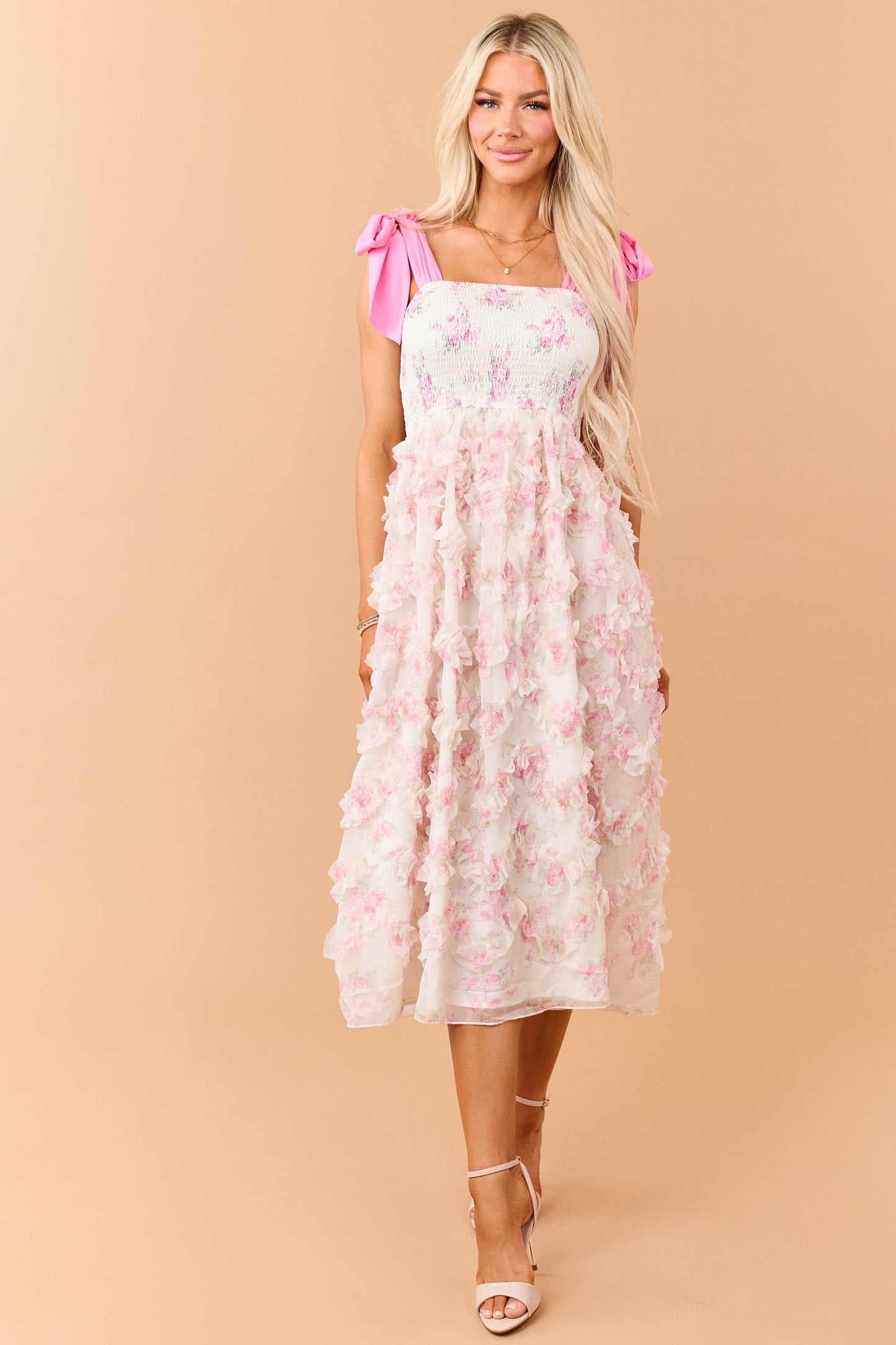 Cream Floral Smocked Bodice Ruffle Skirt Midi Dress