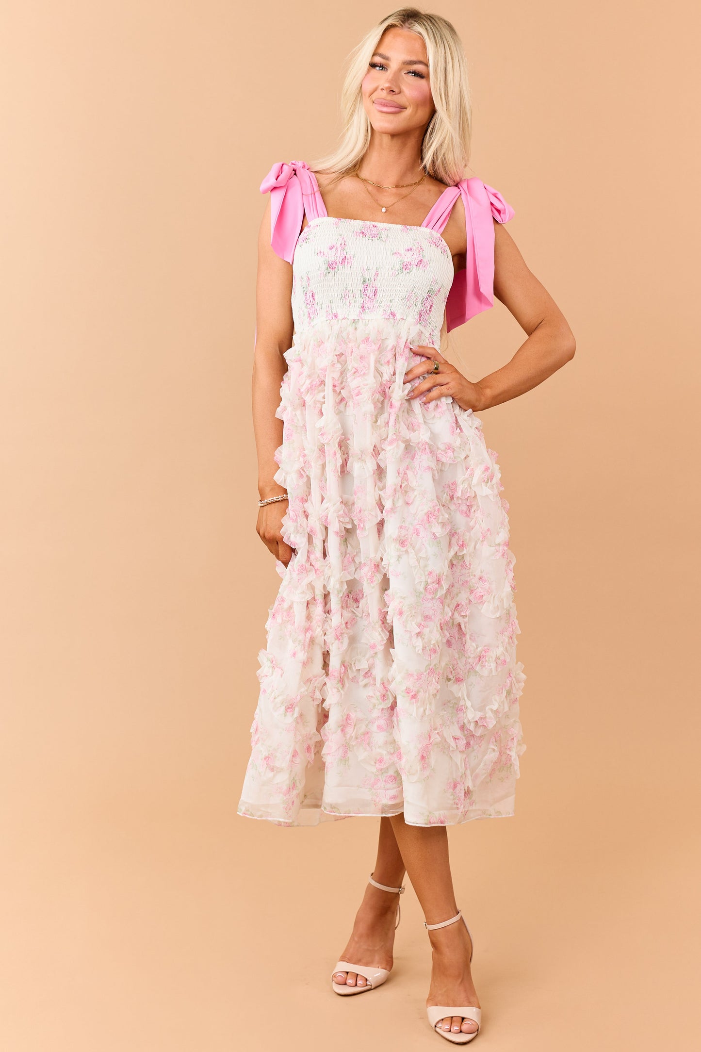 Cream Floral Smocked Bodice Ruffle Skirt Midi Dress