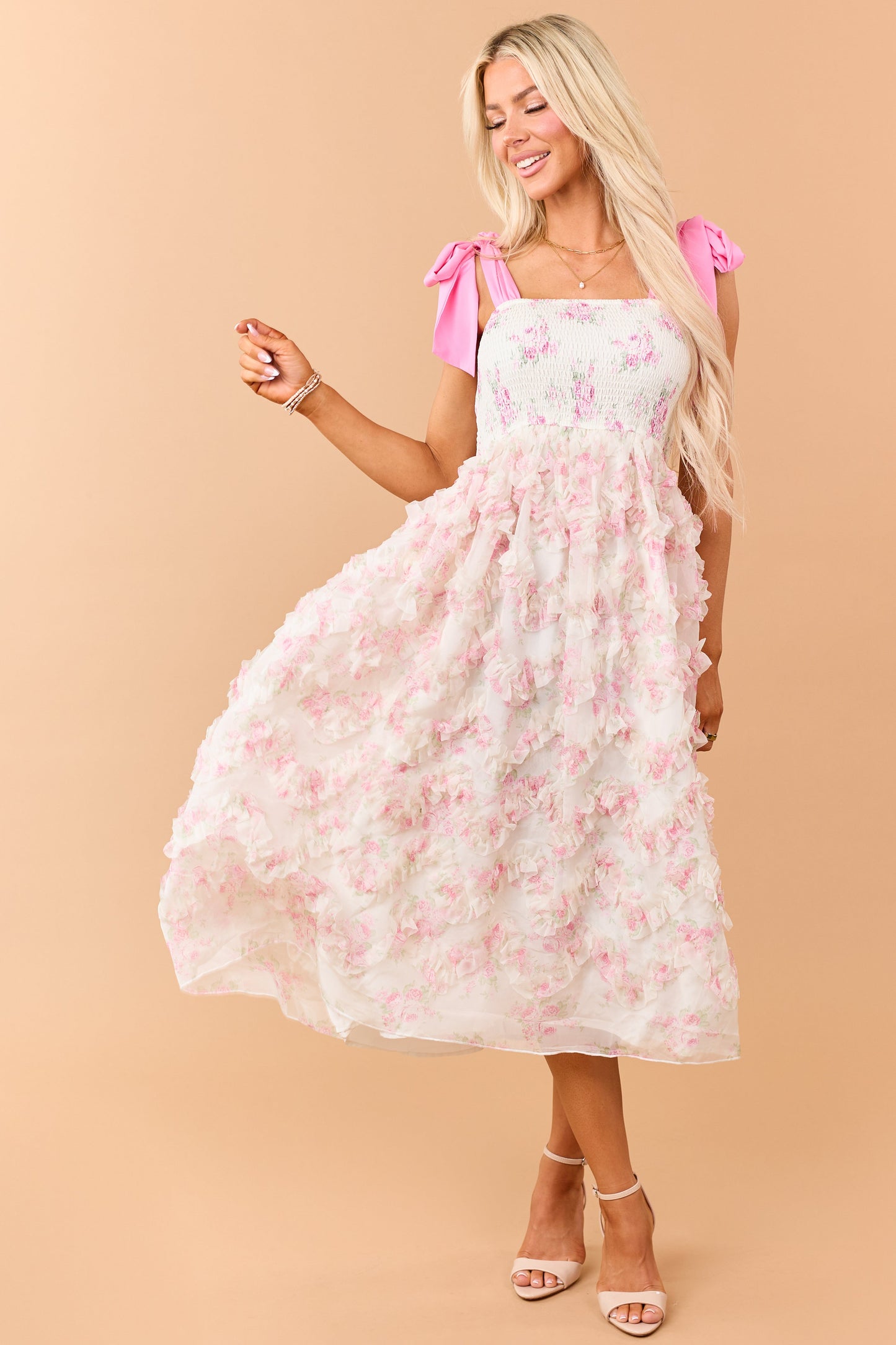 Cream Floral Smocked Bodice Ruffle Skirt Midi Dress