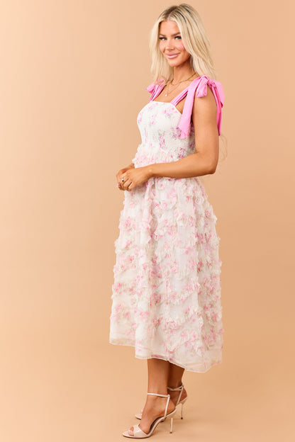 Cream Floral Smocked Bodice Ruffle Skirt Midi Dress