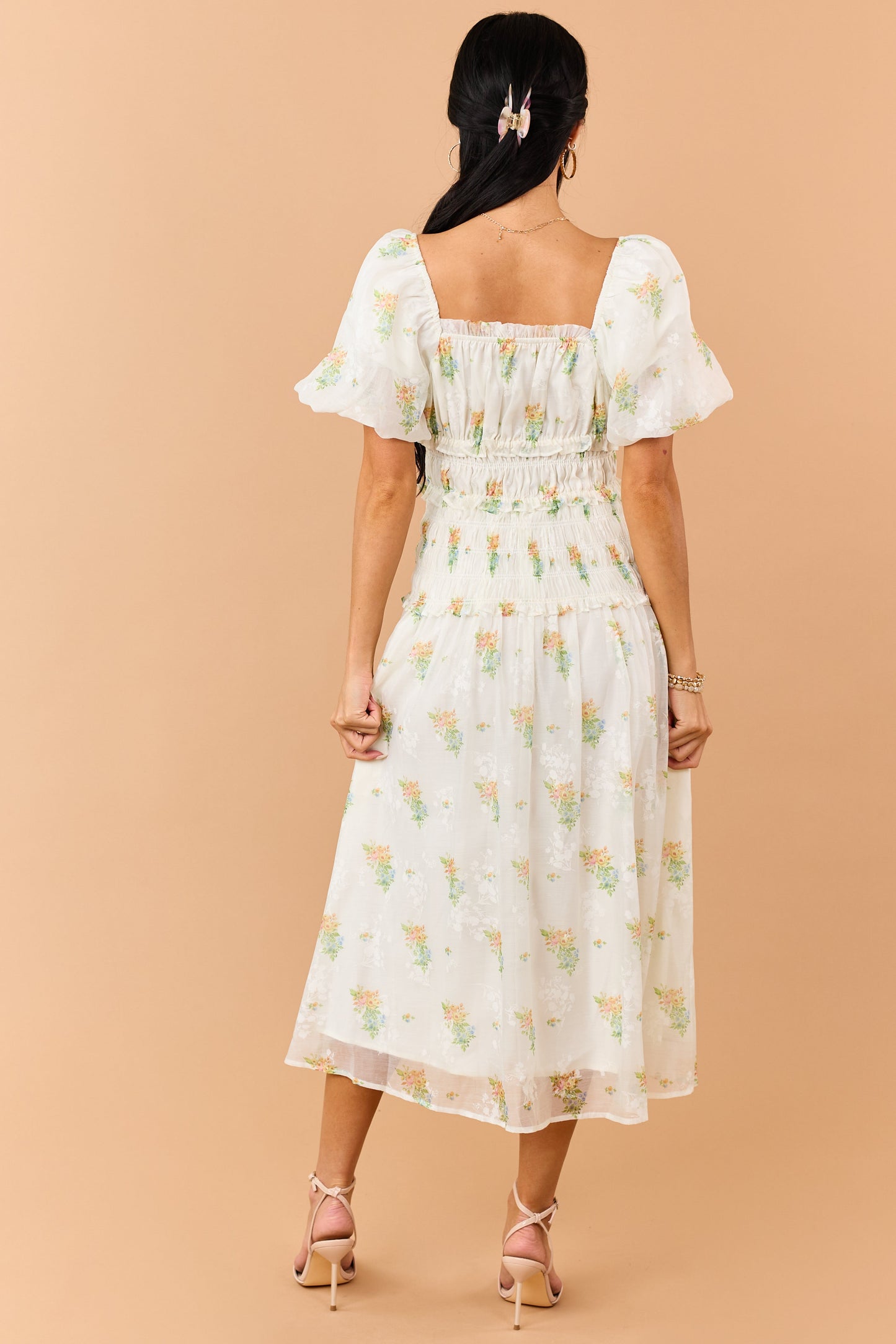 Cream Floral Smocked Waist Ruffle Trim Midi Dress