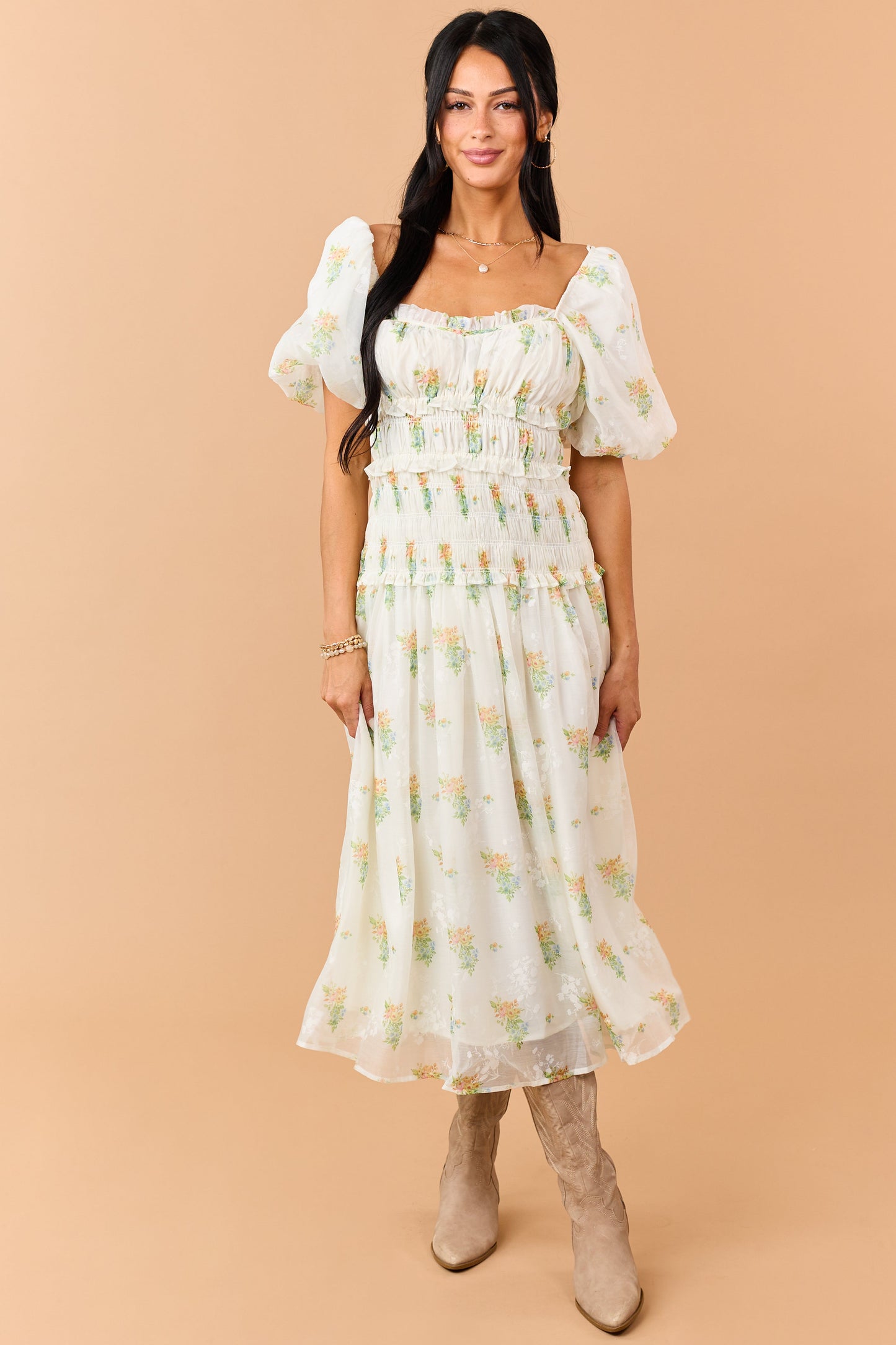 Cream Floral Smocked Waist Ruffle Trim Midi Dress