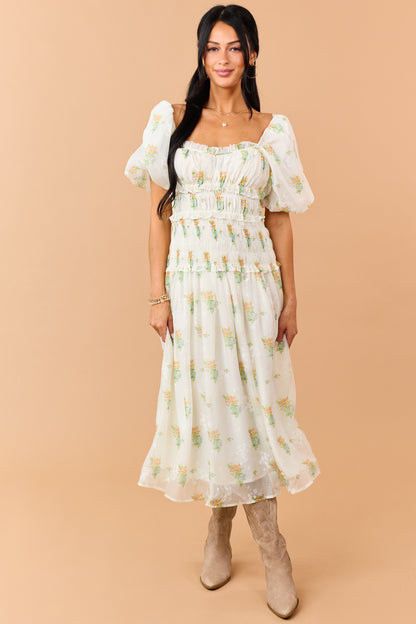 Cream Floral Smocked Waist Ruffle Trim Midi Dress