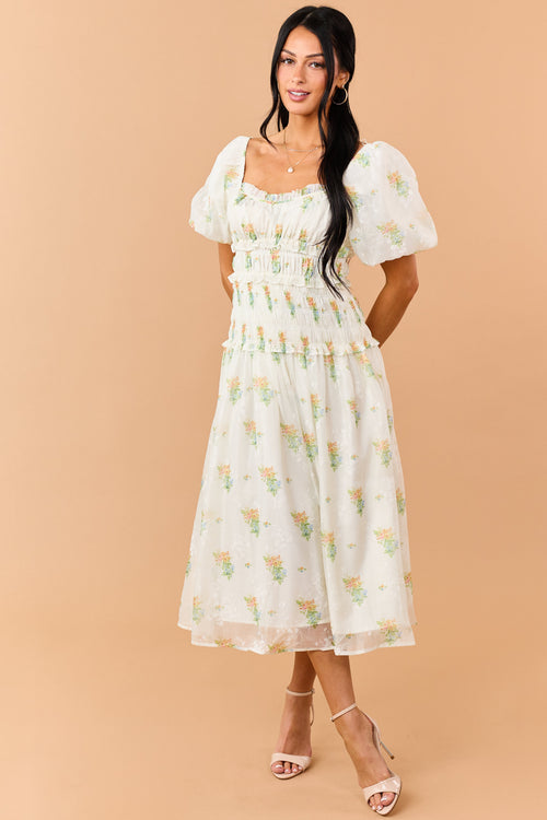 Cream Floral Smocked Waist Ruffle Trim Midi Dress