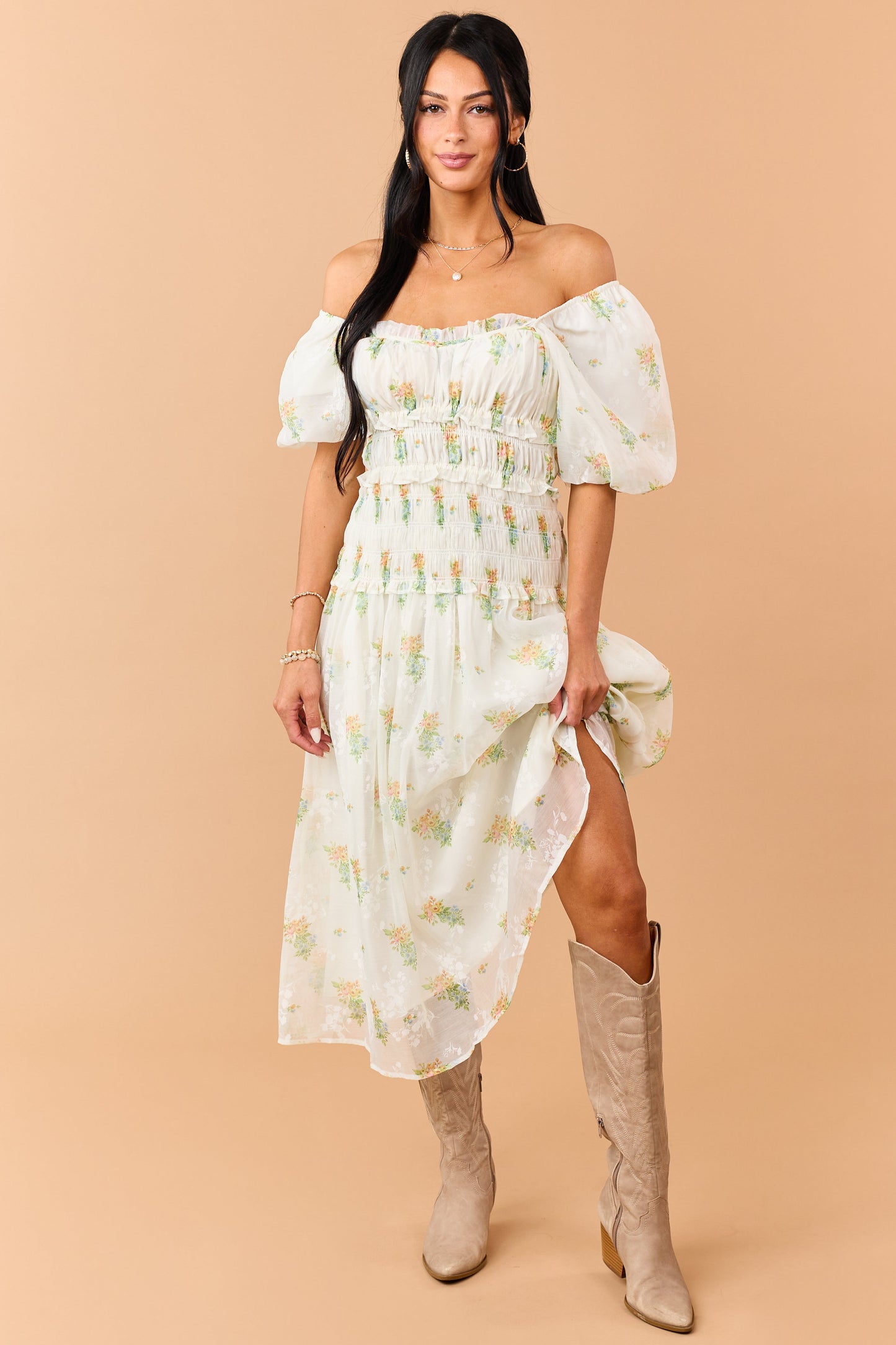 Cream Floral Smocked Waist Ruffle Trim Midi Dress