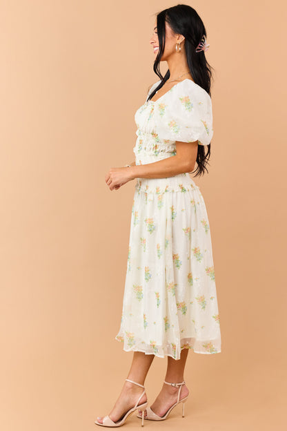 Cream Floral Smocked Waist Ruffle Trim Midi Dress