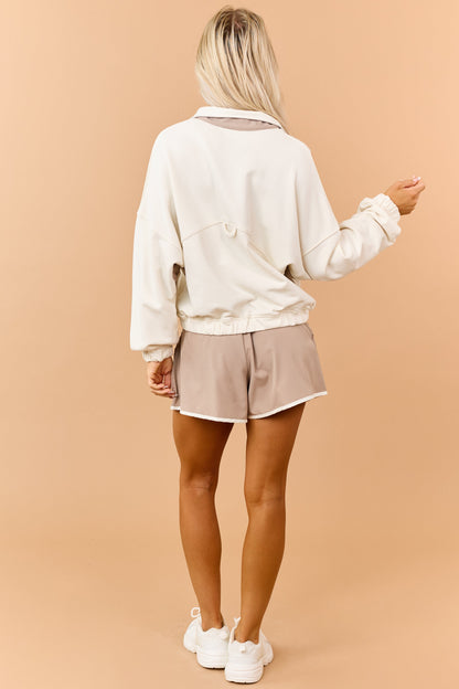Cream Half Button Down Sweatshirt and Shorts Set