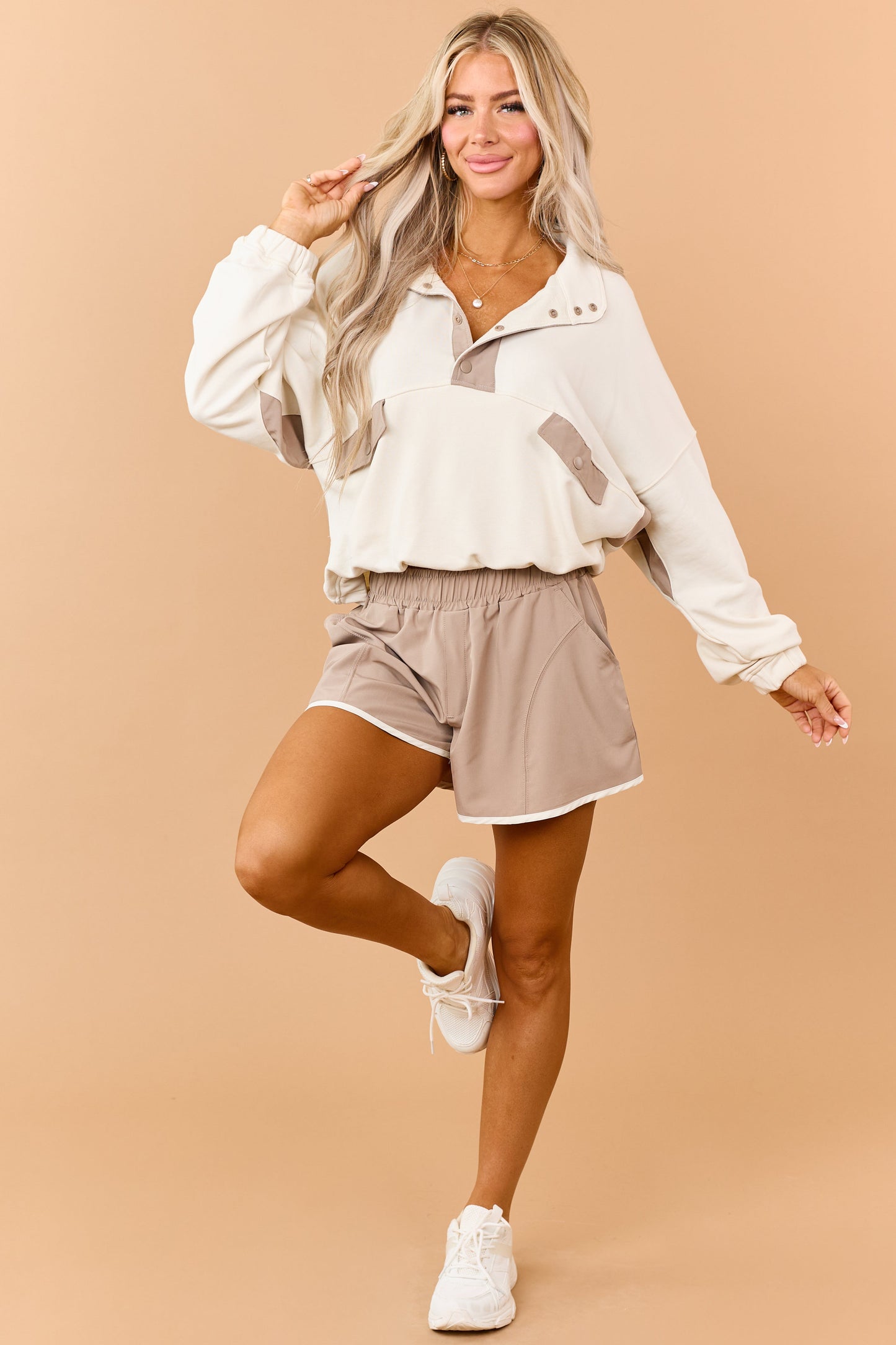 Cream Half Button Down Sweatshirt and Shorts Set