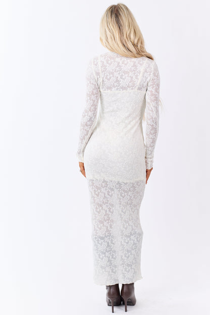 Cream Lace Mock Neck Bodycon Maxi Dress