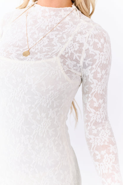 Cream Lace Mock Neck Bodycon Maxi Dress
