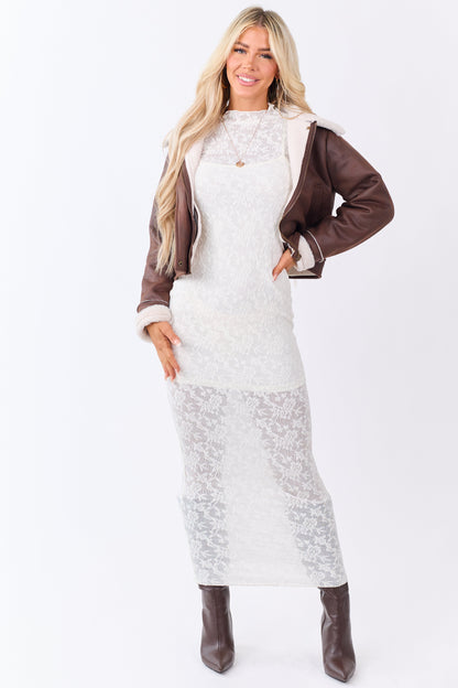 Cream Lace Mock Neck Bodycon Maxi Dress