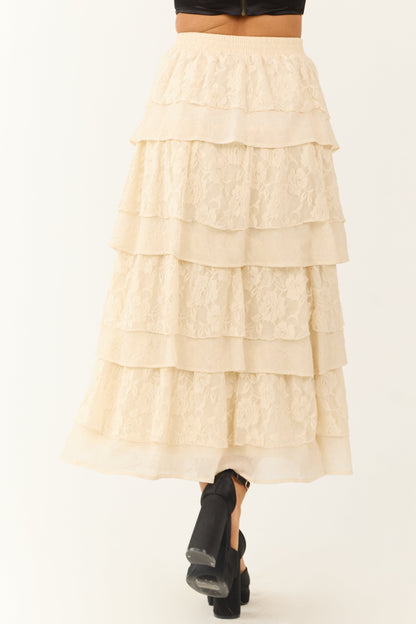 Cream Lace Ruffle Tiered Maxi Skirt