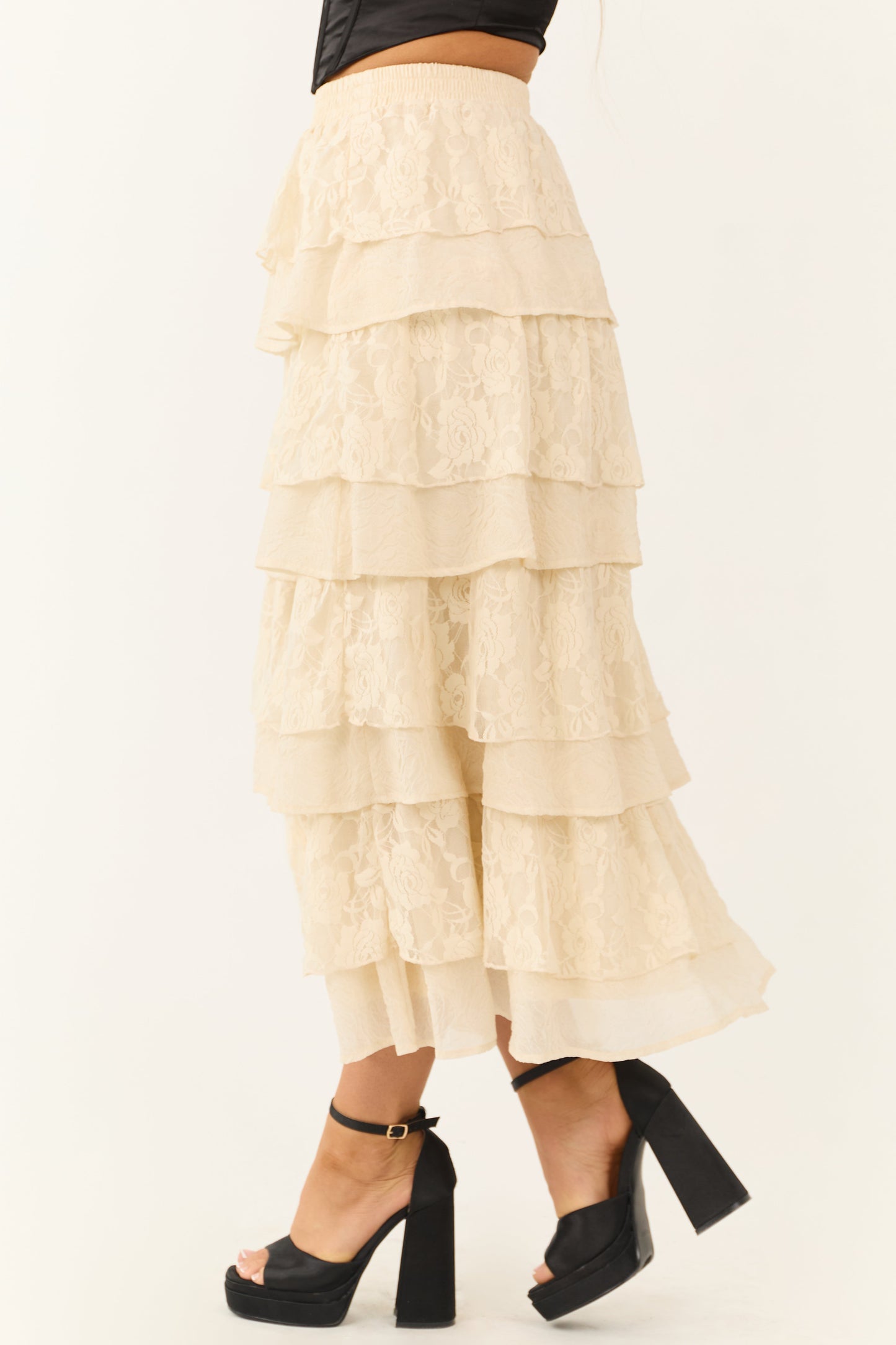 Cream Lace Ruffle Tiered Maxi Skirt