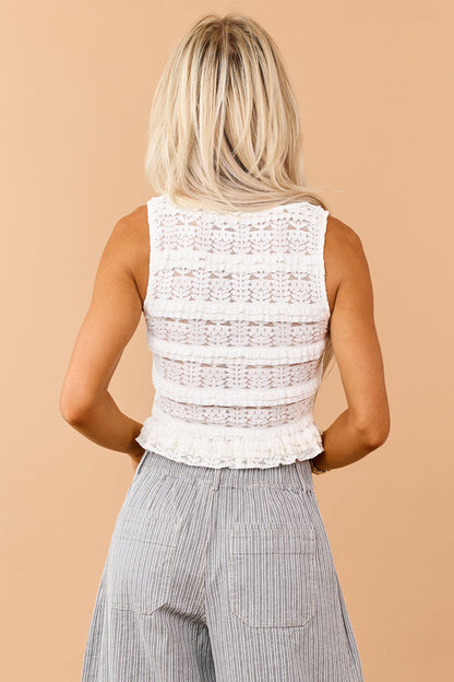 Cream Lace Tiered Frill Button Down Tank Top