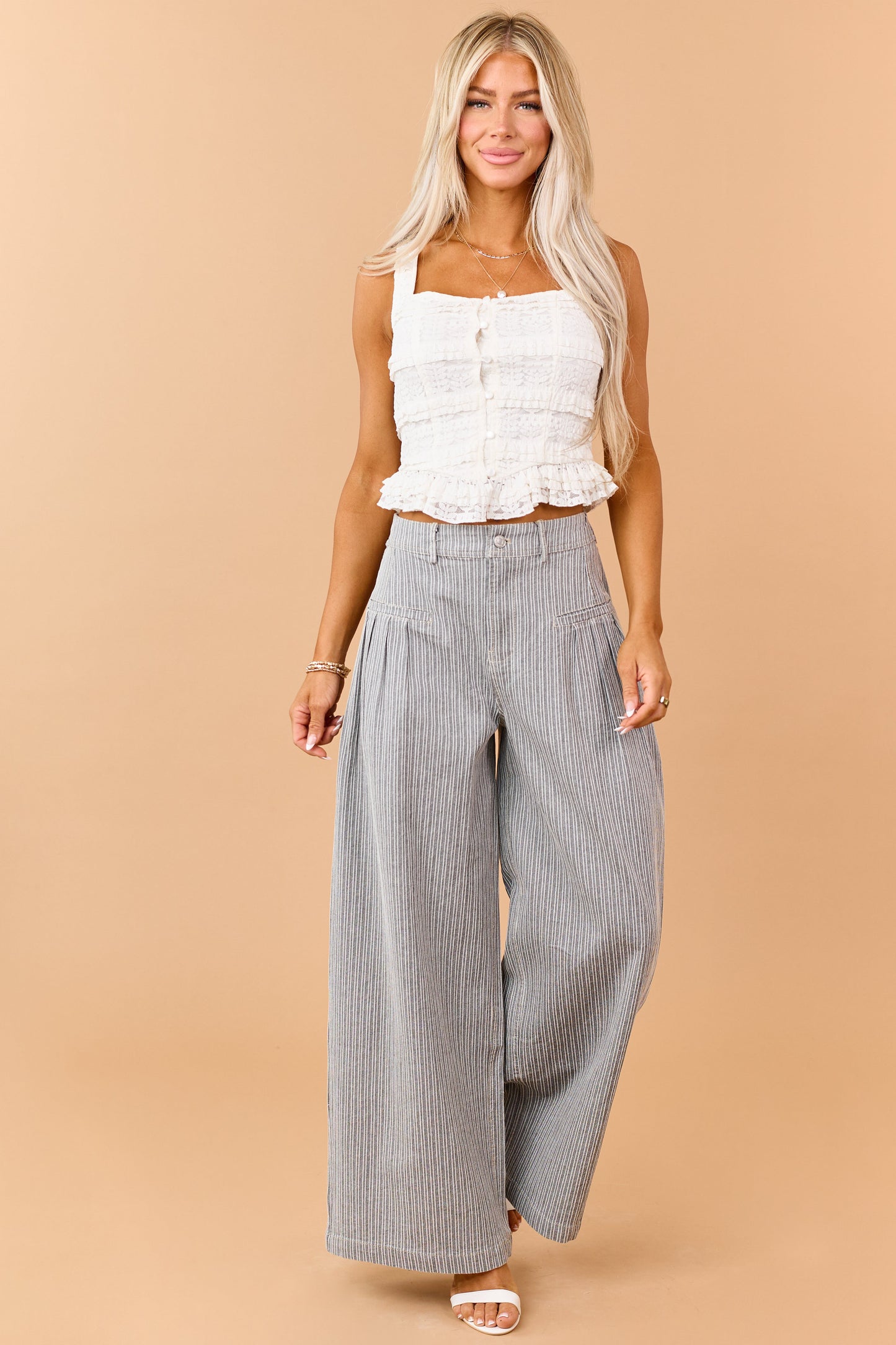 Cream Lace Tiered Frill Button Down Tank Top